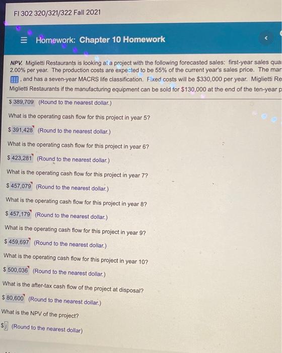  Fl 302 320/321/322 Fall 2021 Homework: Chapter 10 Homework NPV. Miglietti