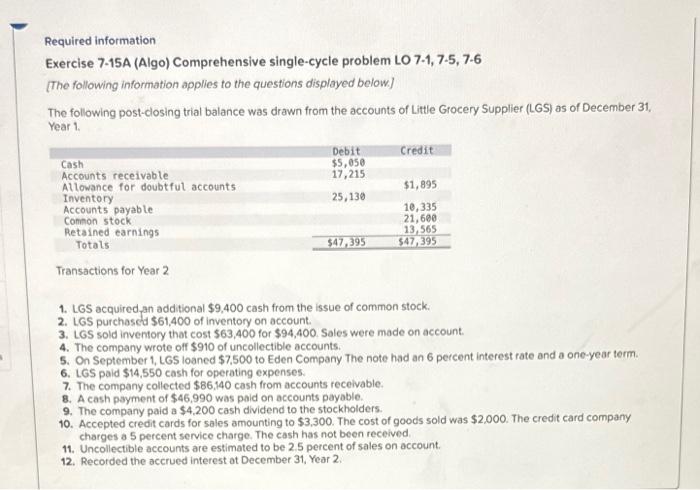  Required information Exercise 7.15A (Algo) Comprehensive single-cycle problem LO 7.1, 7.5,