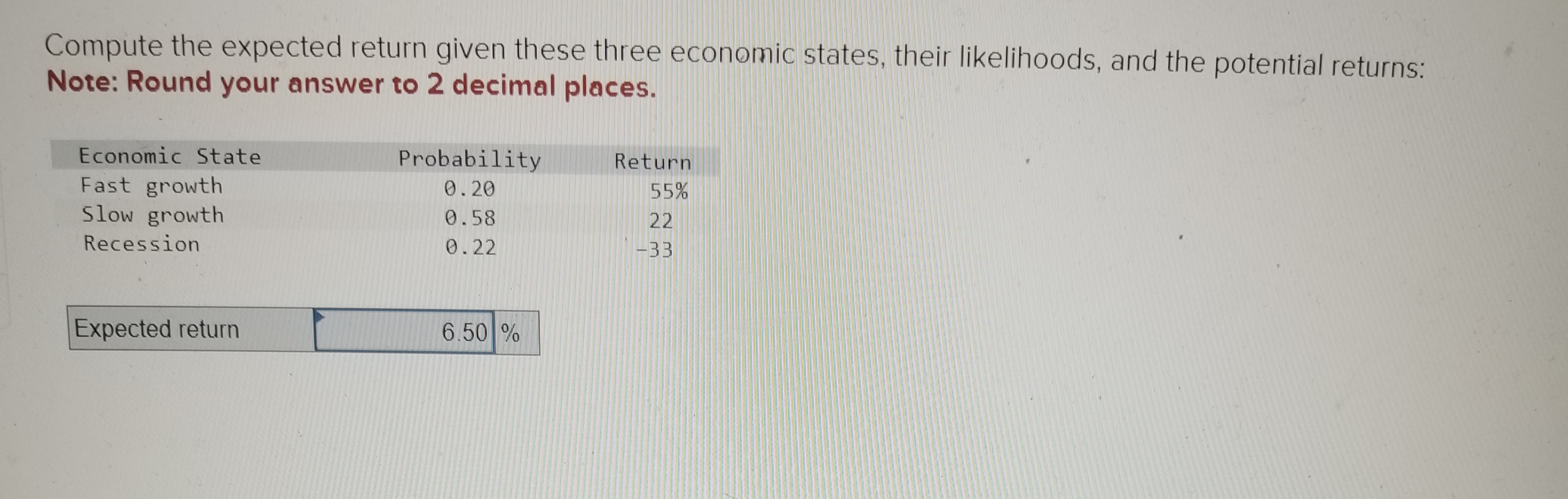  Compute the expected return given these three economic states, their likelihoods,