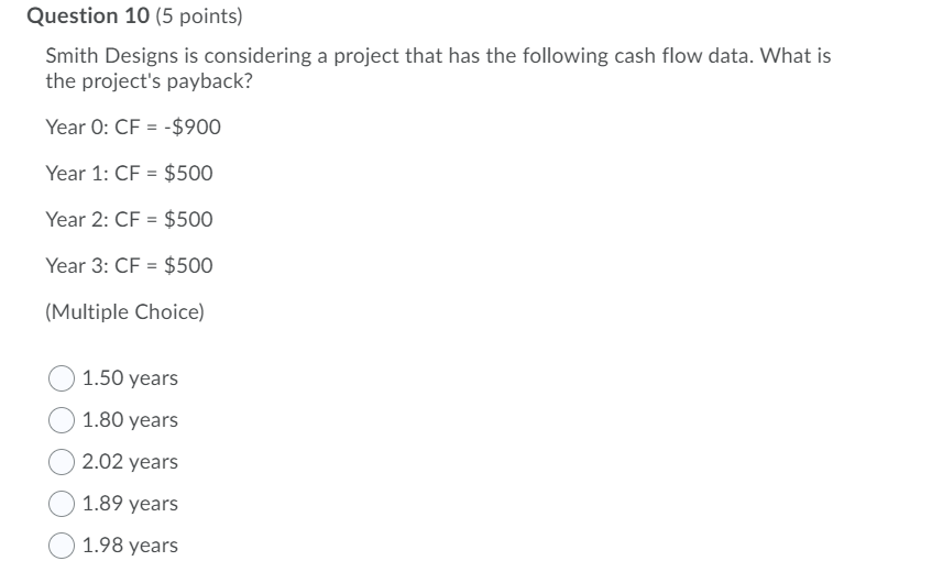  Question 10 (5 points) Smith Designs is considering a project that