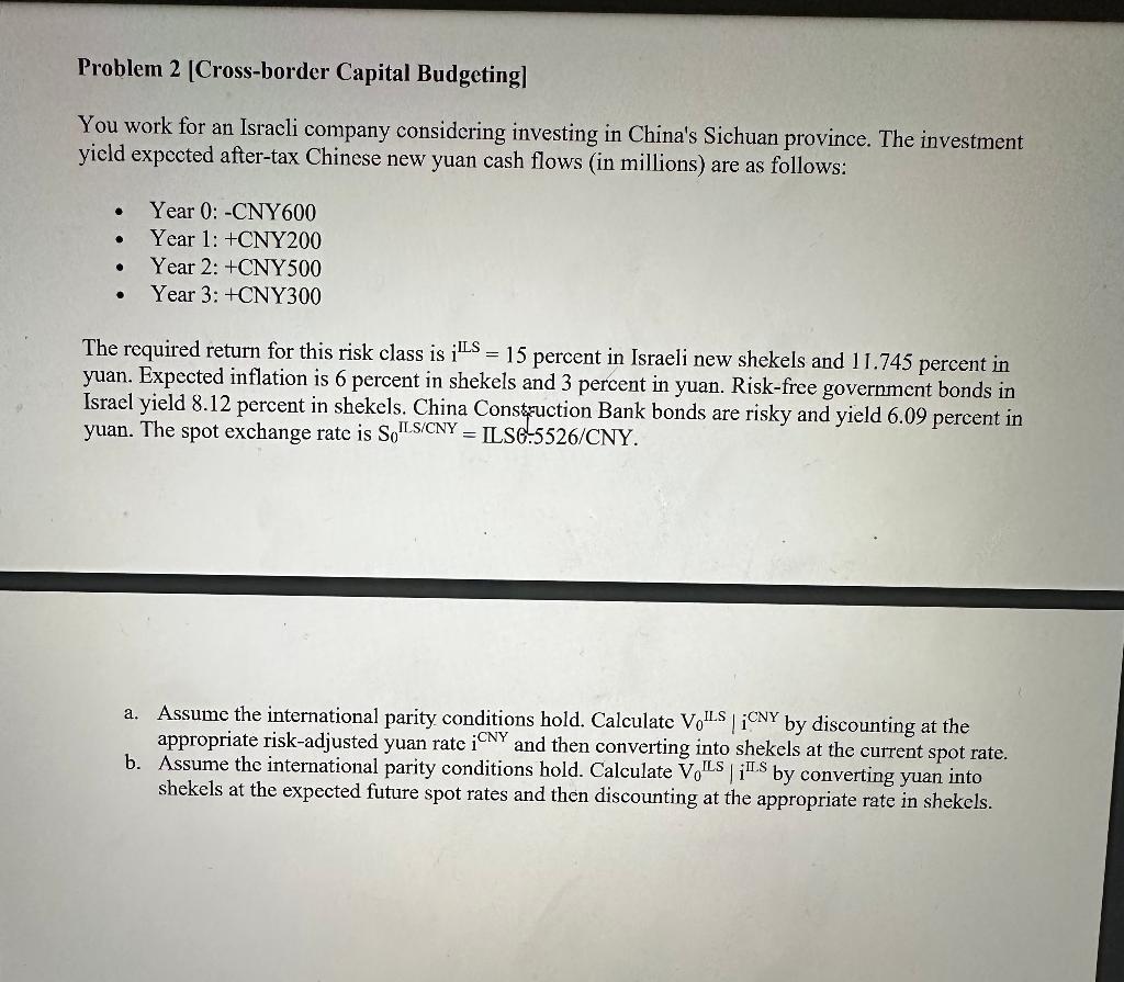  Problem 2 [Cross-border Capital Budgeting] You work for an Isracli company