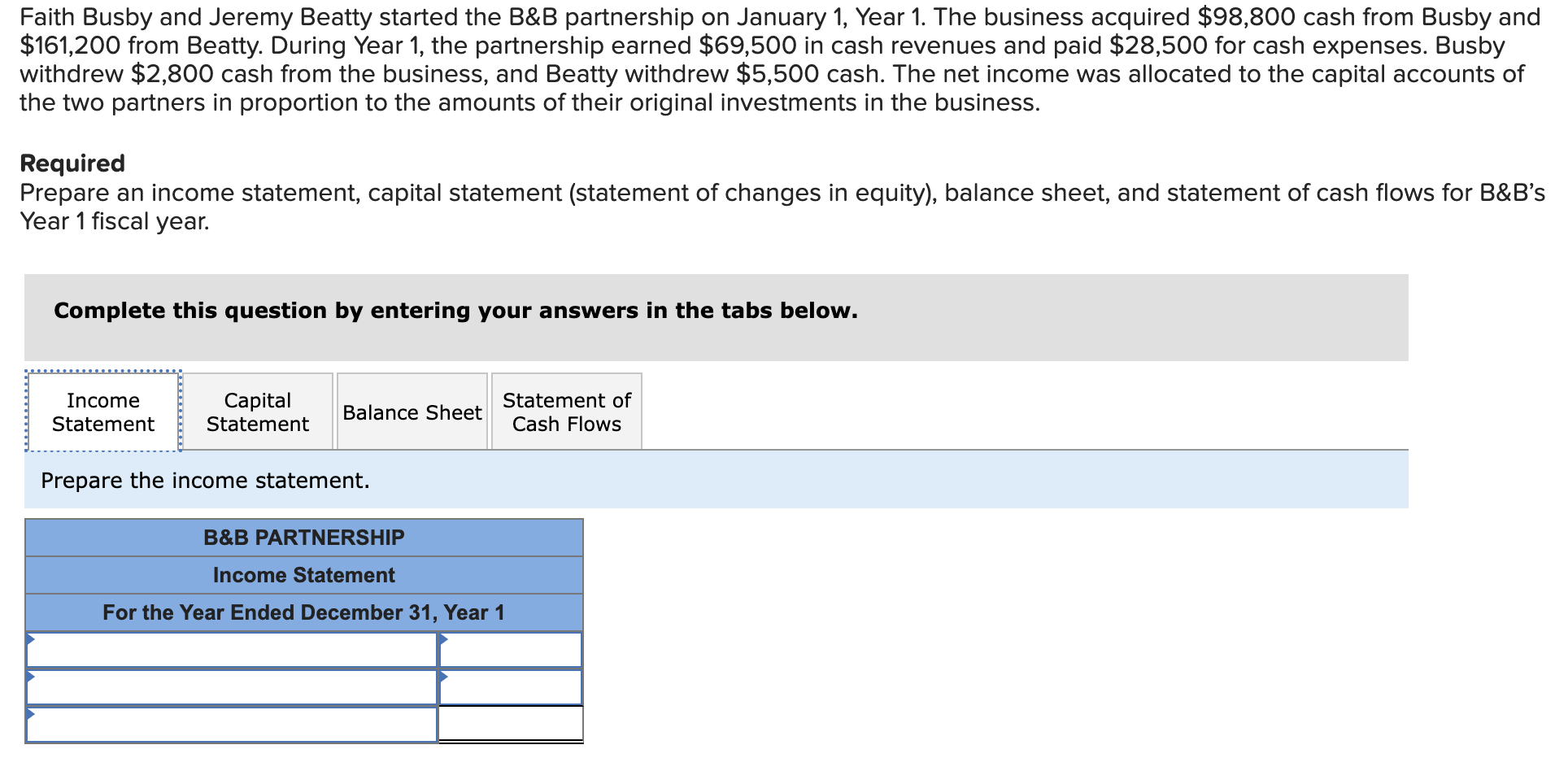  Prepare a capital statement. Prepare a balance sheet. Note: Do not