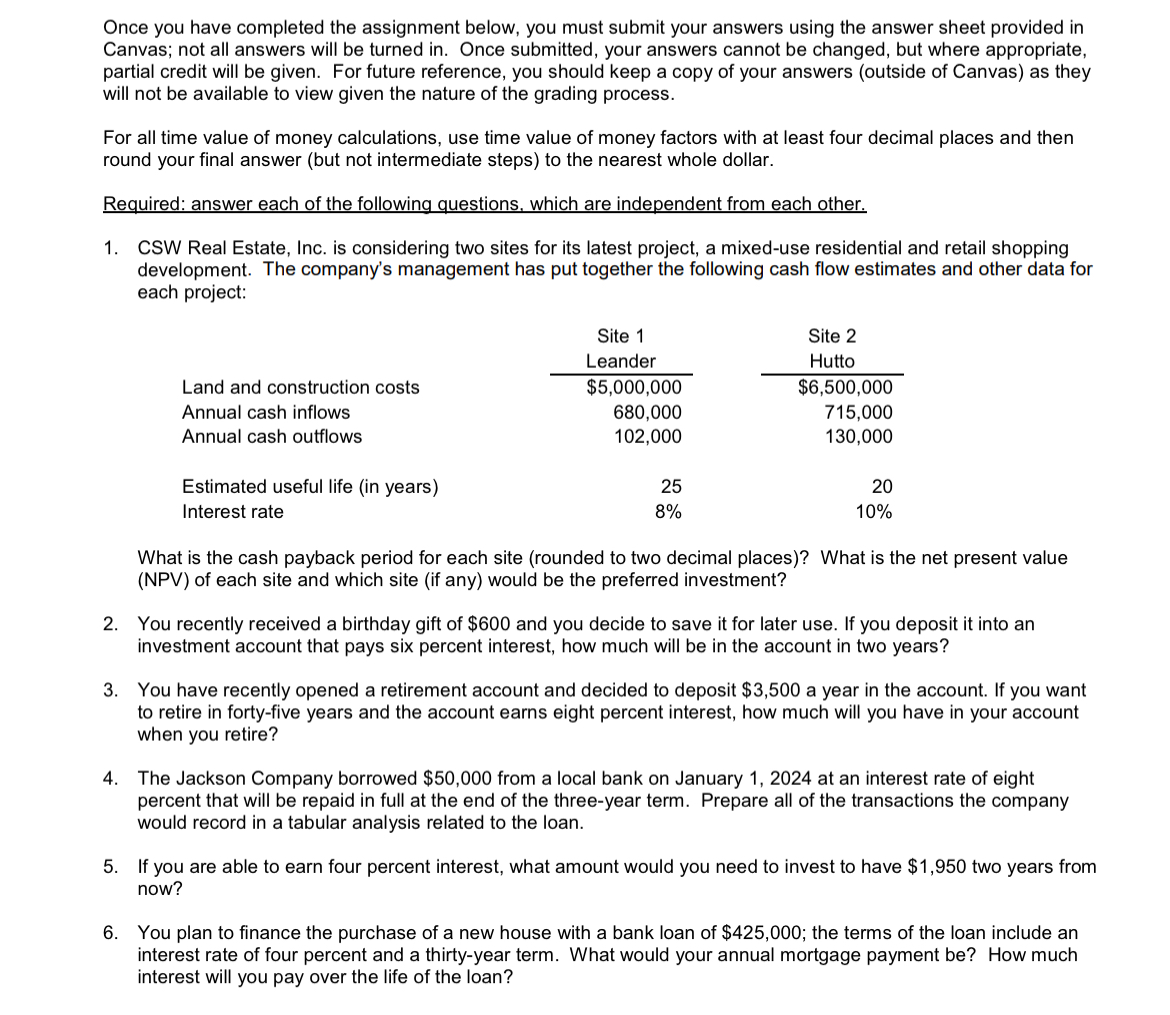  Once you have completed the assignment below, you must submit your