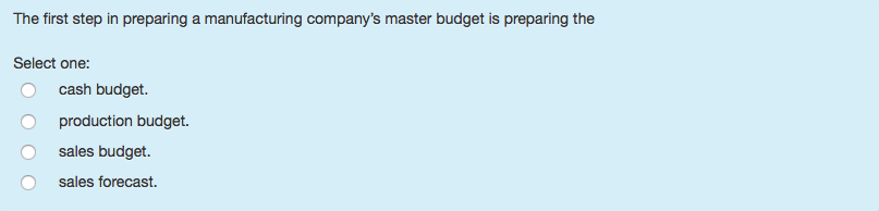 The first step in preparing a manufacturing company's master budget is