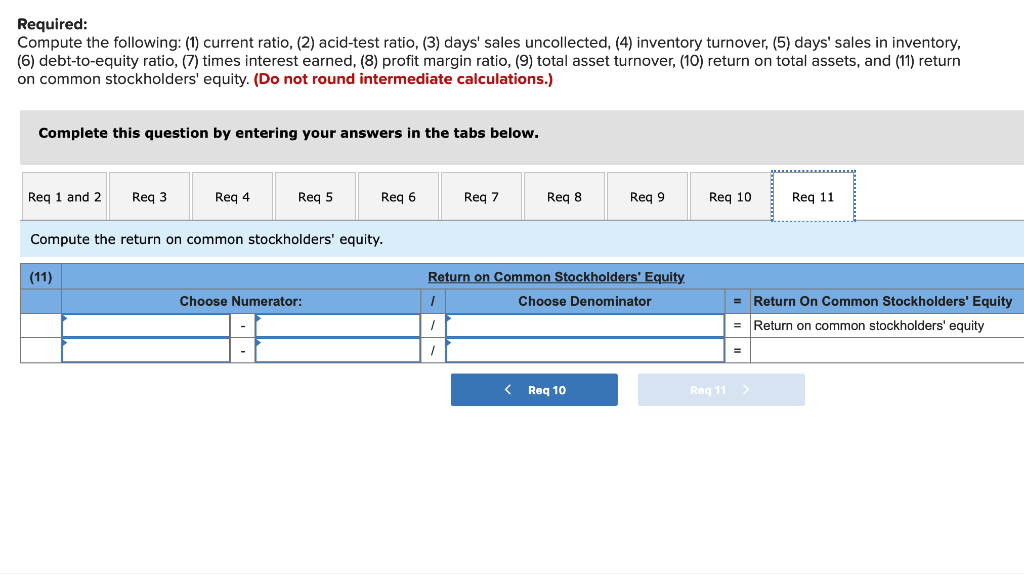 debt-to-equity ratio, (7) times interest earned, (8) profit margin ratio, (9) total