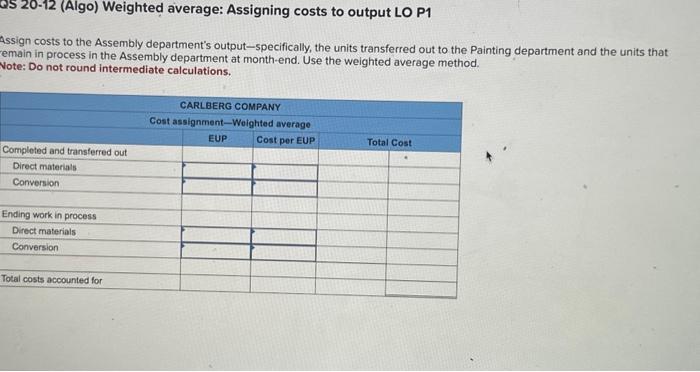 refers to the Assembly department's November activities. QS 20-10 (Algo) Weighted average: