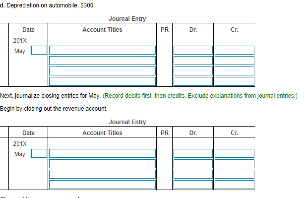 on office equipment, $170. d. Depreciation on automobile, $300. _____________________________________________________________________________________________________________________________________________________ Requirement 1.