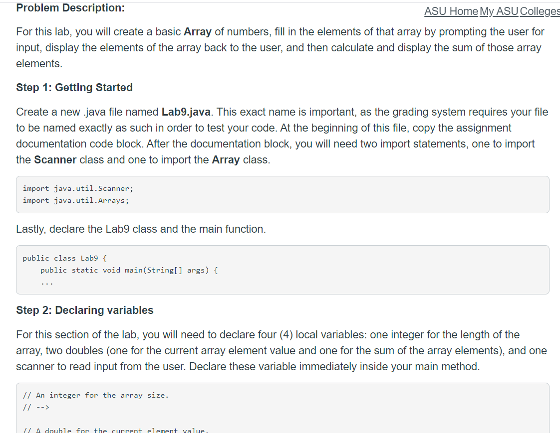  Problem Description: ASU Home My ASU Colleges For this lab, you