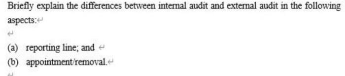  Briefly explain the differences between internal audit and external audit in