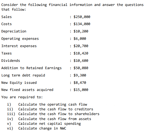 Consider the that follow: Sales Costs Depreciation following financial Operating expenses Interest