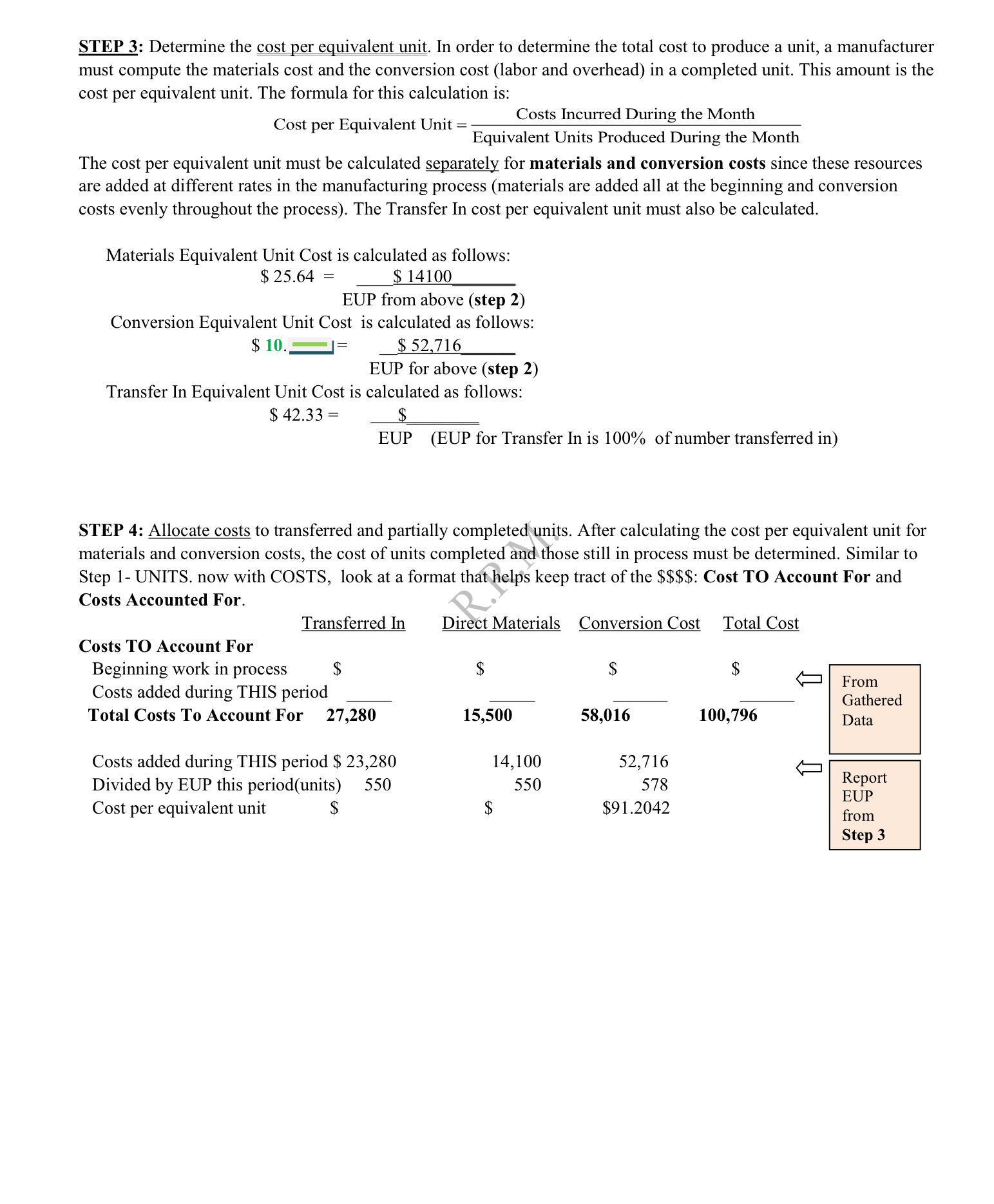  STEP 3: Determine the cost per equivalent unit. In order to