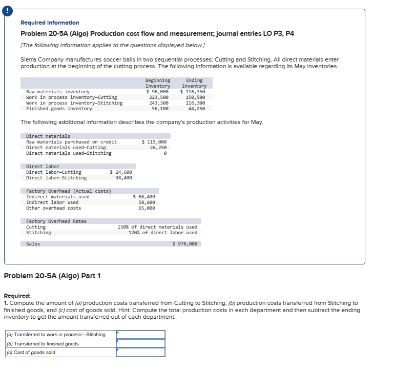  Required Information Problem 20-5A (Algo) Production cost flow and measurement; journal