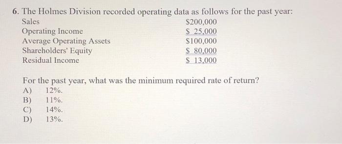  6. The Holmes Division recorded operating data as follows for the