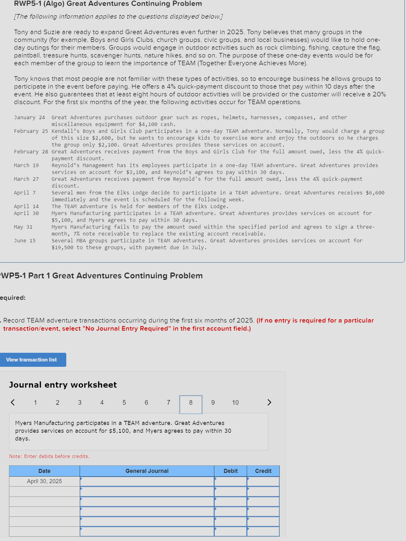  RWP5-1(Algo) Great Adventures Continuing Problem [The following information applies to the