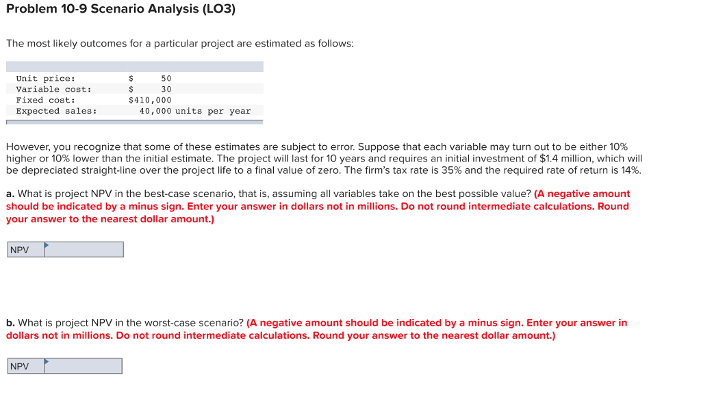 Problem 10-9 Scenario Analysis (LO3) The most likely outcomes for a