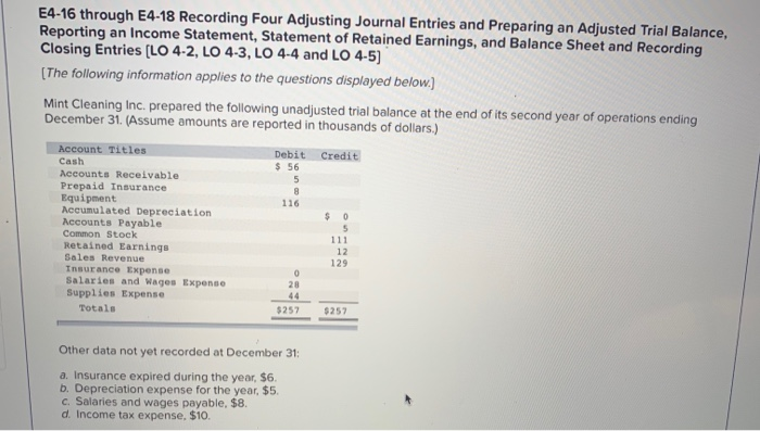  E4-16 through E4-18 Recording Four Adjusting Journal Entries and Preparing an