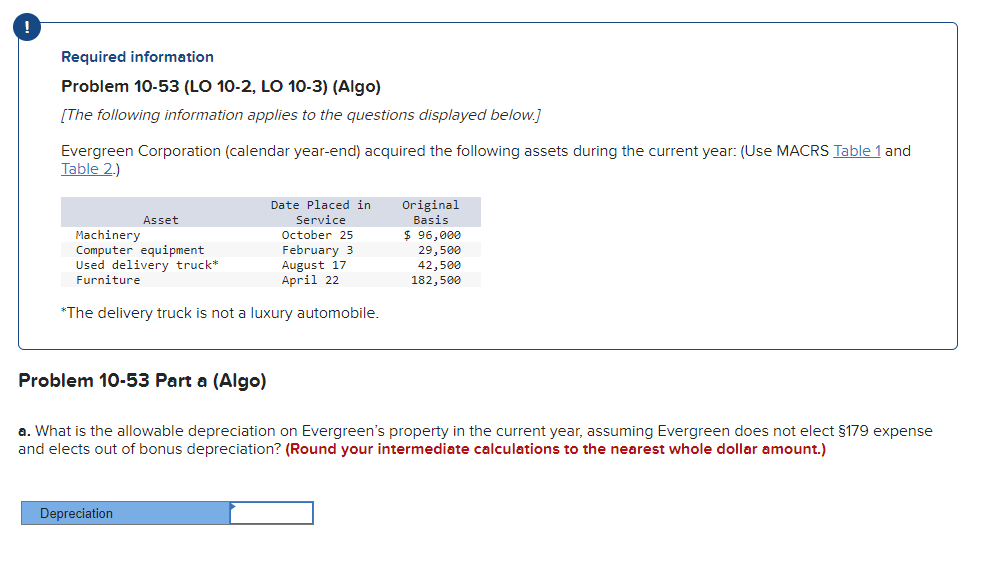  Required information Problem 10-53 (LO 10-2, LO 10-3) (Algo) [The following