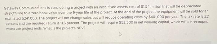  Gateway Communications is considering a project with an initial fixed assets