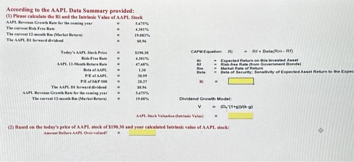  According to the AAPL Data Summary provided: (1) Please calculate the