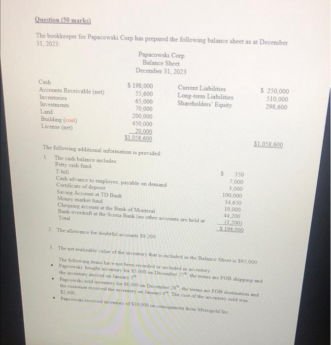 Balance Sheet is $95,000 The following items have not been recorded or