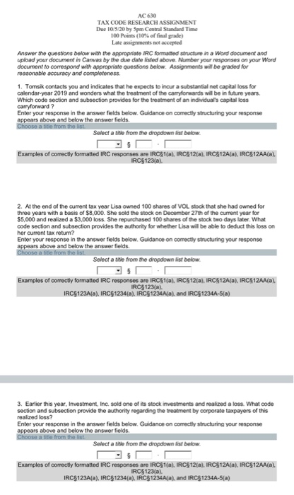  AC 630 TAX CODE RESEARCH ASSIGNMENT Due 10/5/20 by Spm Central