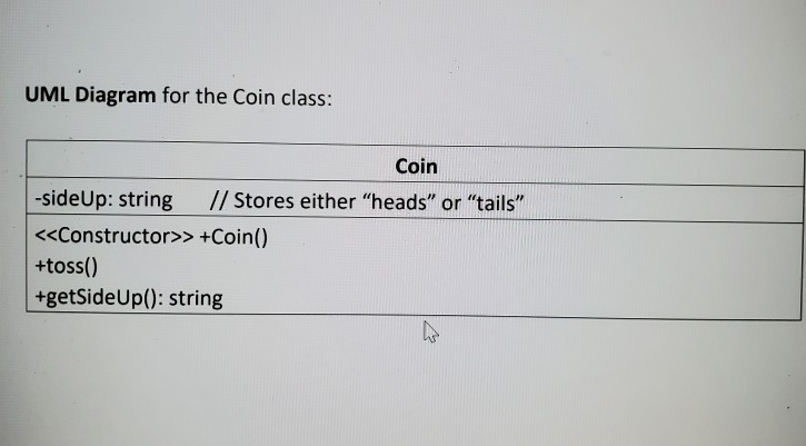 string named sideUp. The sideUp member variable will hold either "heads" or