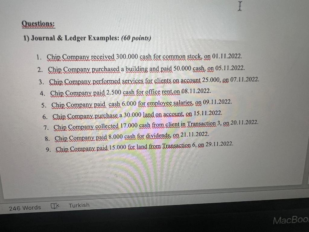  1) Journal \& Ledger Examples: (60 points) 1. Chip Company received