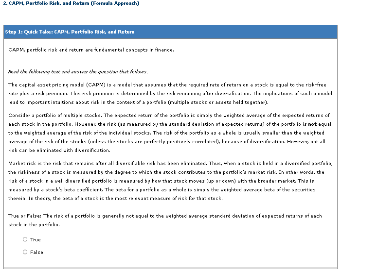  2. CAPM, Portfolio Risk, and Return (Formula Approach) Step 1: Quick