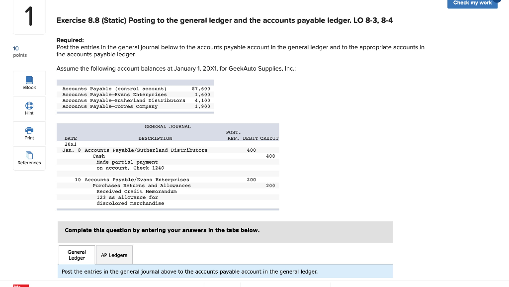  Check my work 1 Exercise 8.8 (Static) Posting to the general