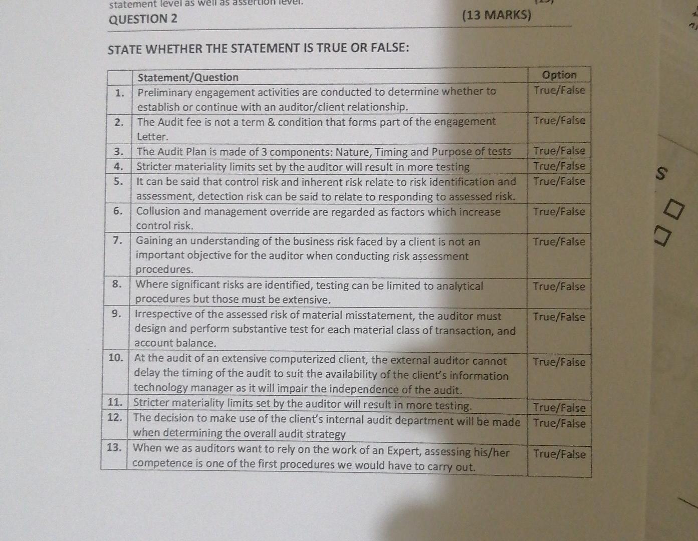 statement QUESTION 2 STATE WHETHER THE STATEMENT IS TRUE OR FALSE: Statement/Question