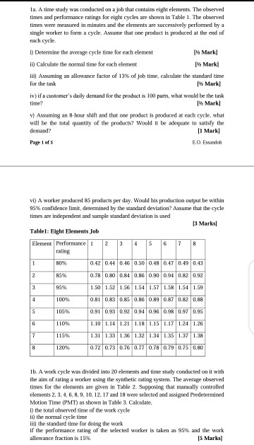  please help me solve this question 1a. A time study was