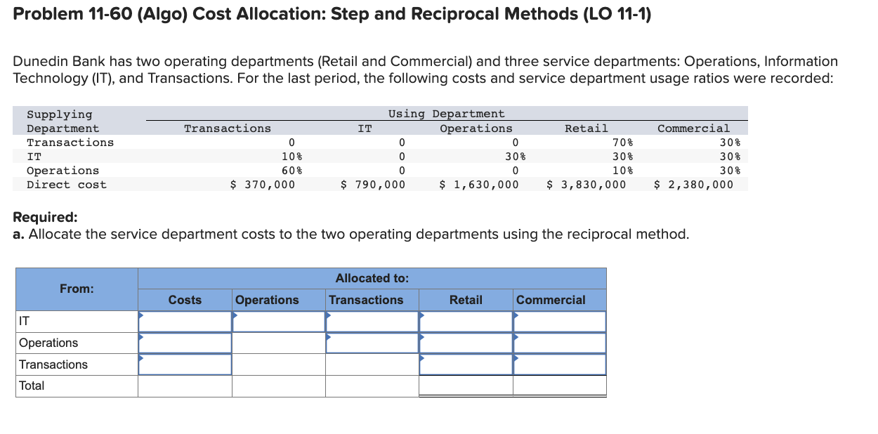 Problem 11-60 (Algo) Cost Allocation: Step and Reciprocal Methods (LO 11-1)