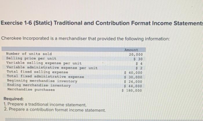  Exercise 1-6 (Static) Traditional and Contribution Format Income Statement Cherokee Incorporated