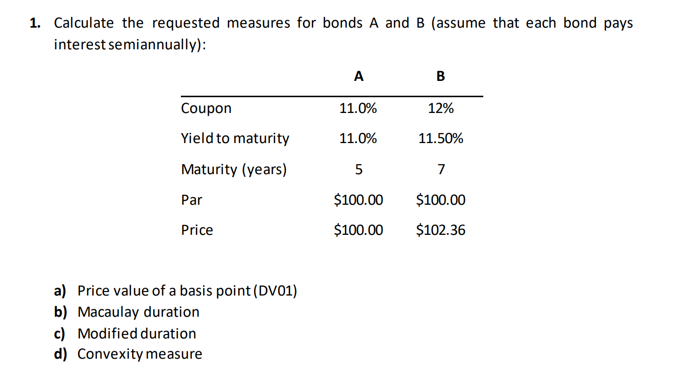 I need excel calculation 1. Calculate the requested measures for bonds A