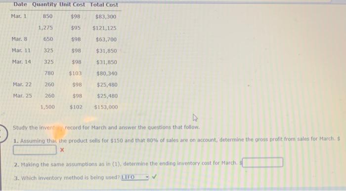  Date Quantity Unit Cost Total Cost Mar. 1 850 $98 1,275