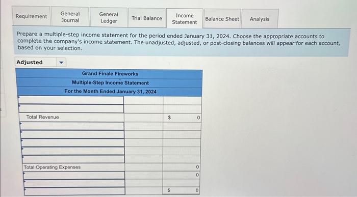 1, 2024, the general ledger of Grand Finale Fireworks includes the following