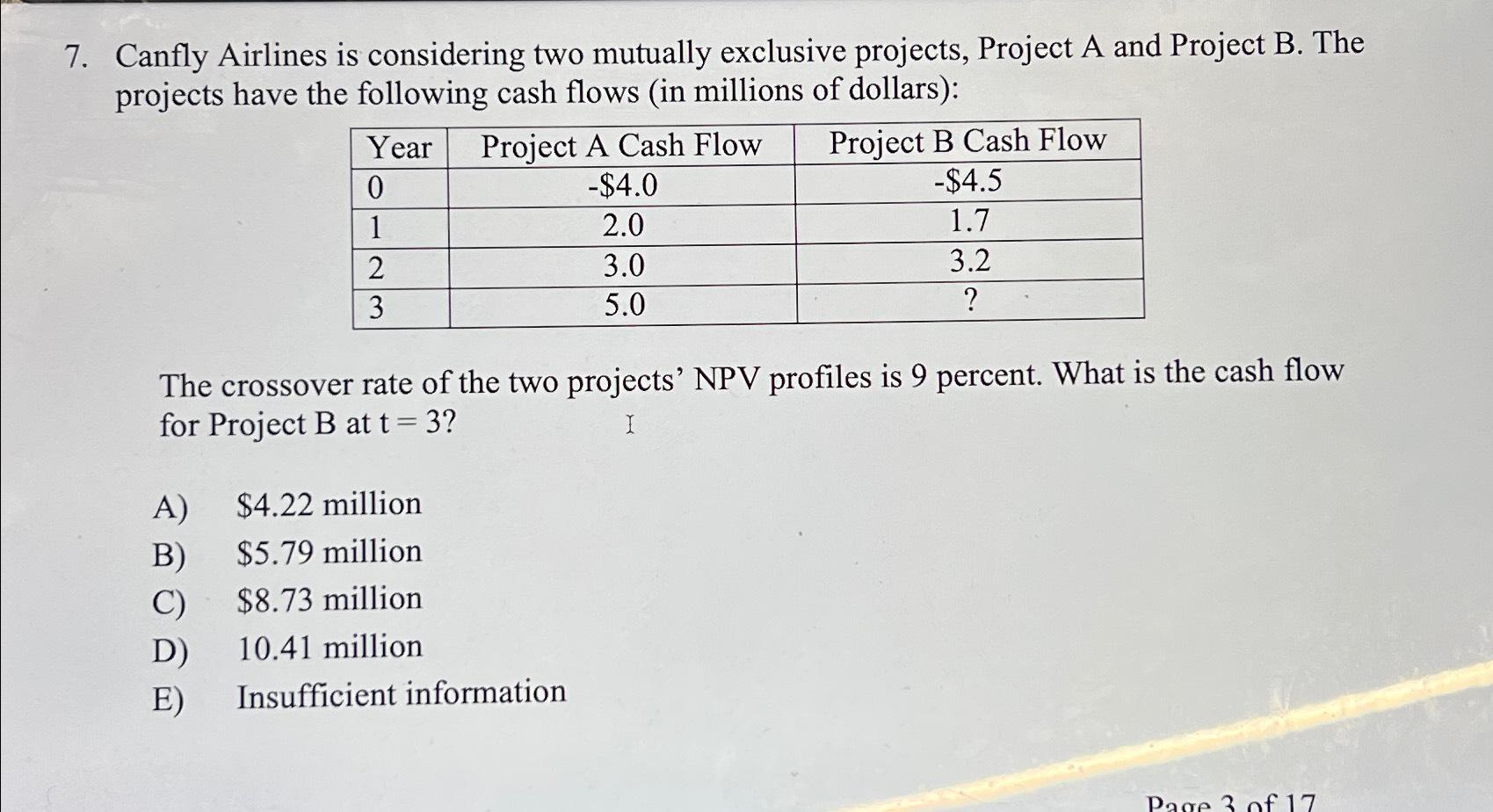  Canfly Airlines is considering two mutually exclusive projects, Project A and