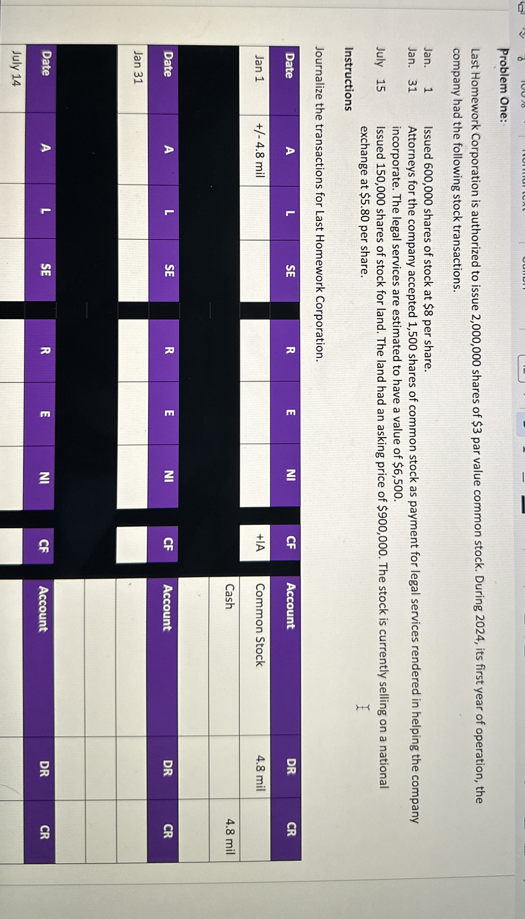  Chapter 10 problem 1 Last Homework Corporation is authorized to issue