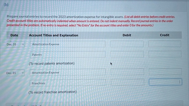 amortization expense for intangible assets. c) Prepare the intangible assets section of