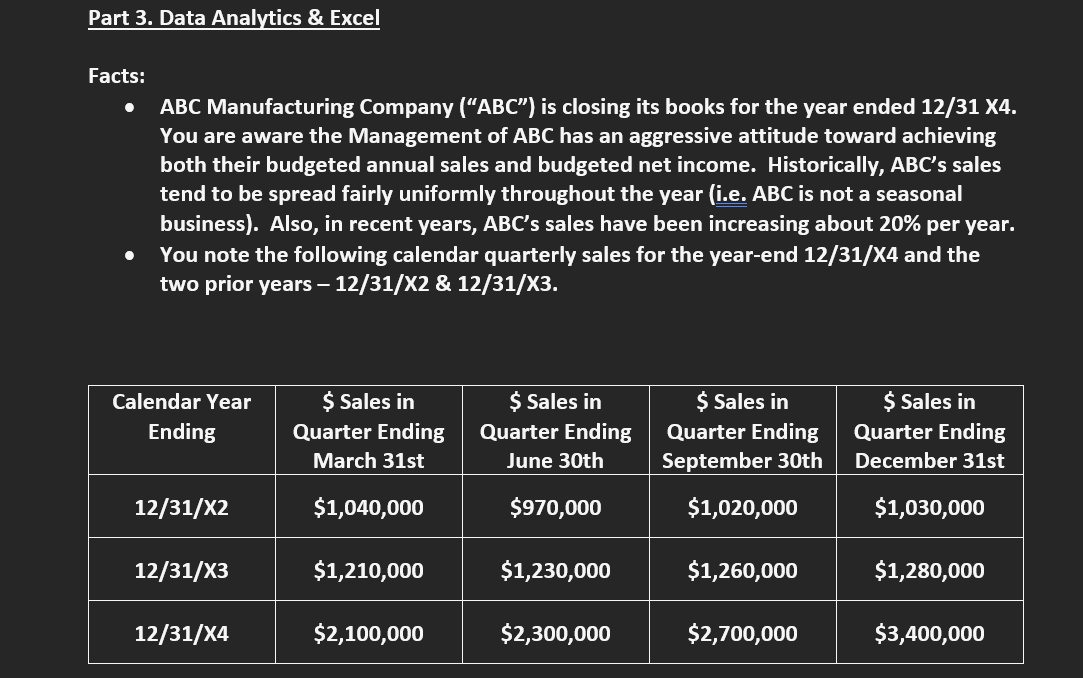 Answer in Excel Format art 3. Data Analytics \& Excel acts: -