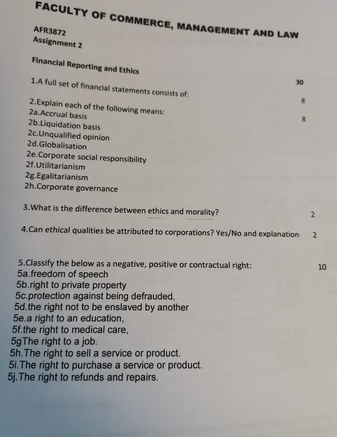 FACULTY OF COMMERCE, MANAGEMENT AND LAW Assignment 2 Financial Reporting and Ethics