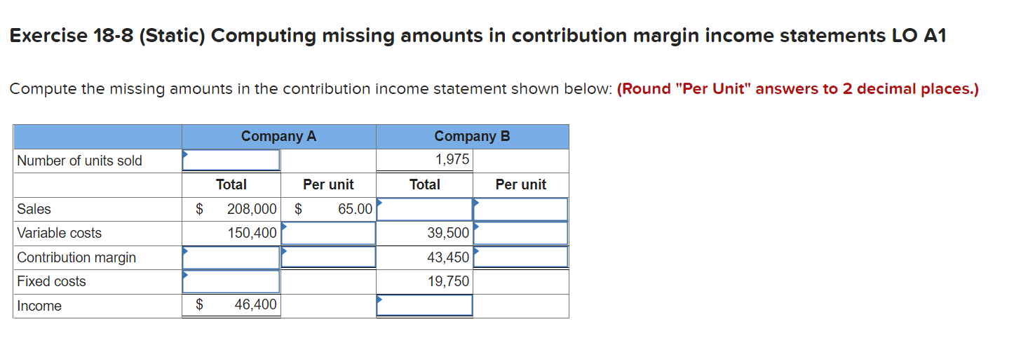  Exercise 188 (Static) Computing missing amounts in contribution margin income statements