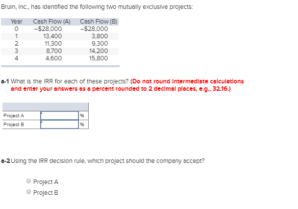 Bruln, Inc., has Identified the following two mutually exclusive projects: Year