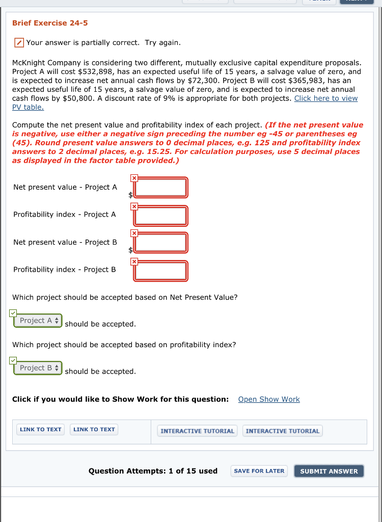 Brief Exercise 24-5 Your answer is partially correct. Try again McKnight