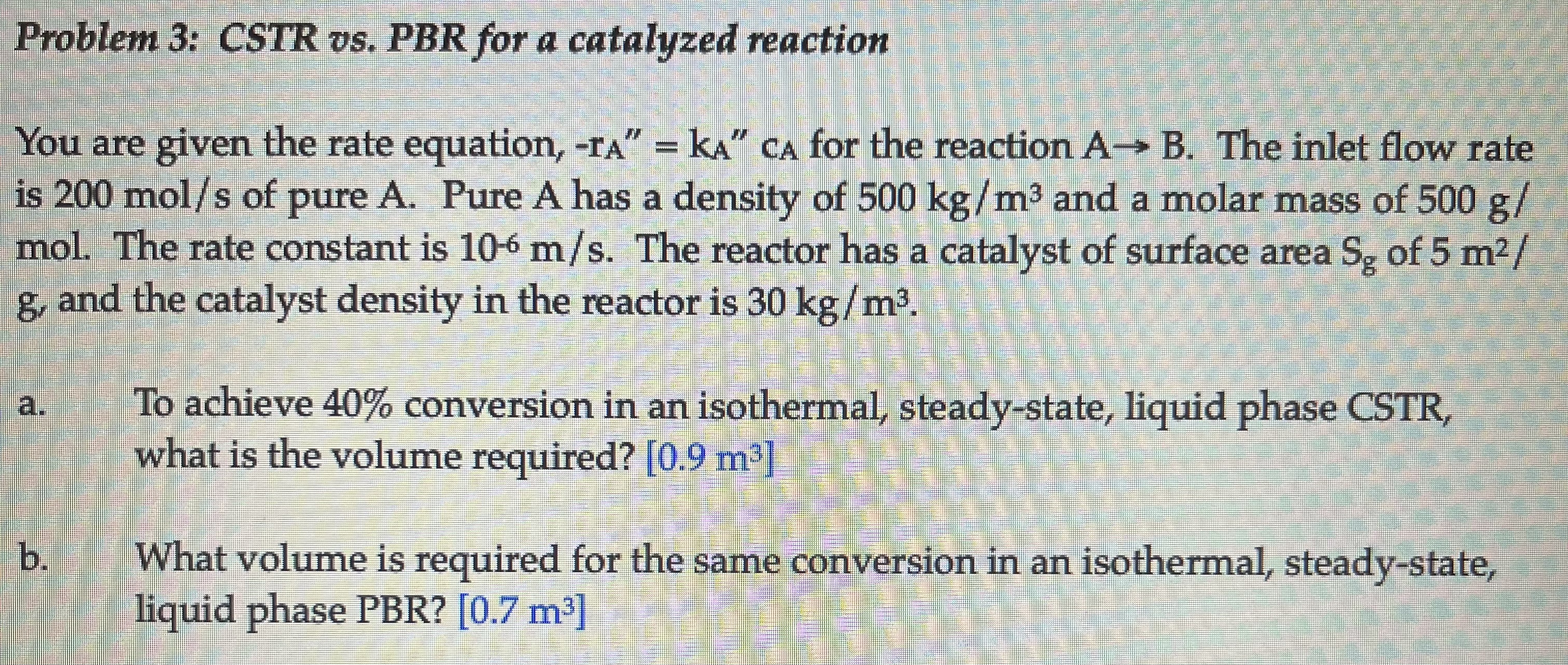  Problem 3: CSTR vs. PBR for a catalyzed reaction You are
