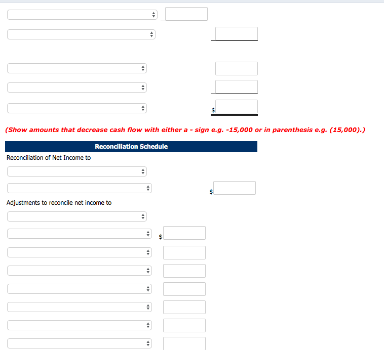 a reconciliation schedule. Cash payments: (Show amounts that decrease cash flow with