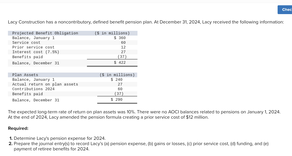  Lacy Construction has a noncontributory, defined benefit pension plan. At December