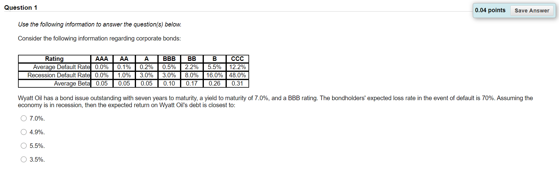 Question 1 0.04 points Save Answer Use the following information to