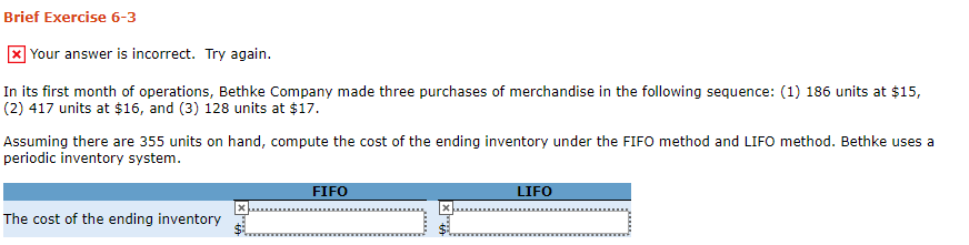  . Brief Exercise 6-3 x Your answer is incorrect. Try again.