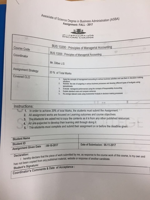  Associate Degree in Business Administration (ASBA) Assignment- FALL-2017 SYSCOMS COLLEGE BUS